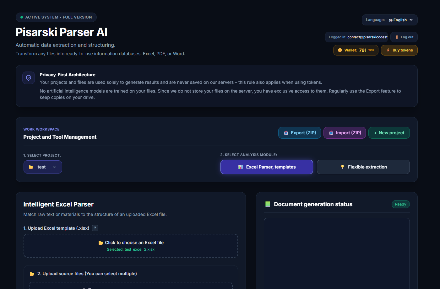 Fenêtre principale de Pisarski Parser AI – Téléchargement et configuration des fichiers